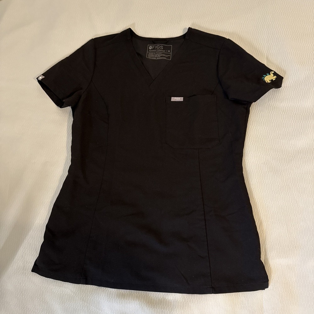 FIGS Women Scrub Top Sz XS Black Solid Technical Collection V-Neck Short Sleeve